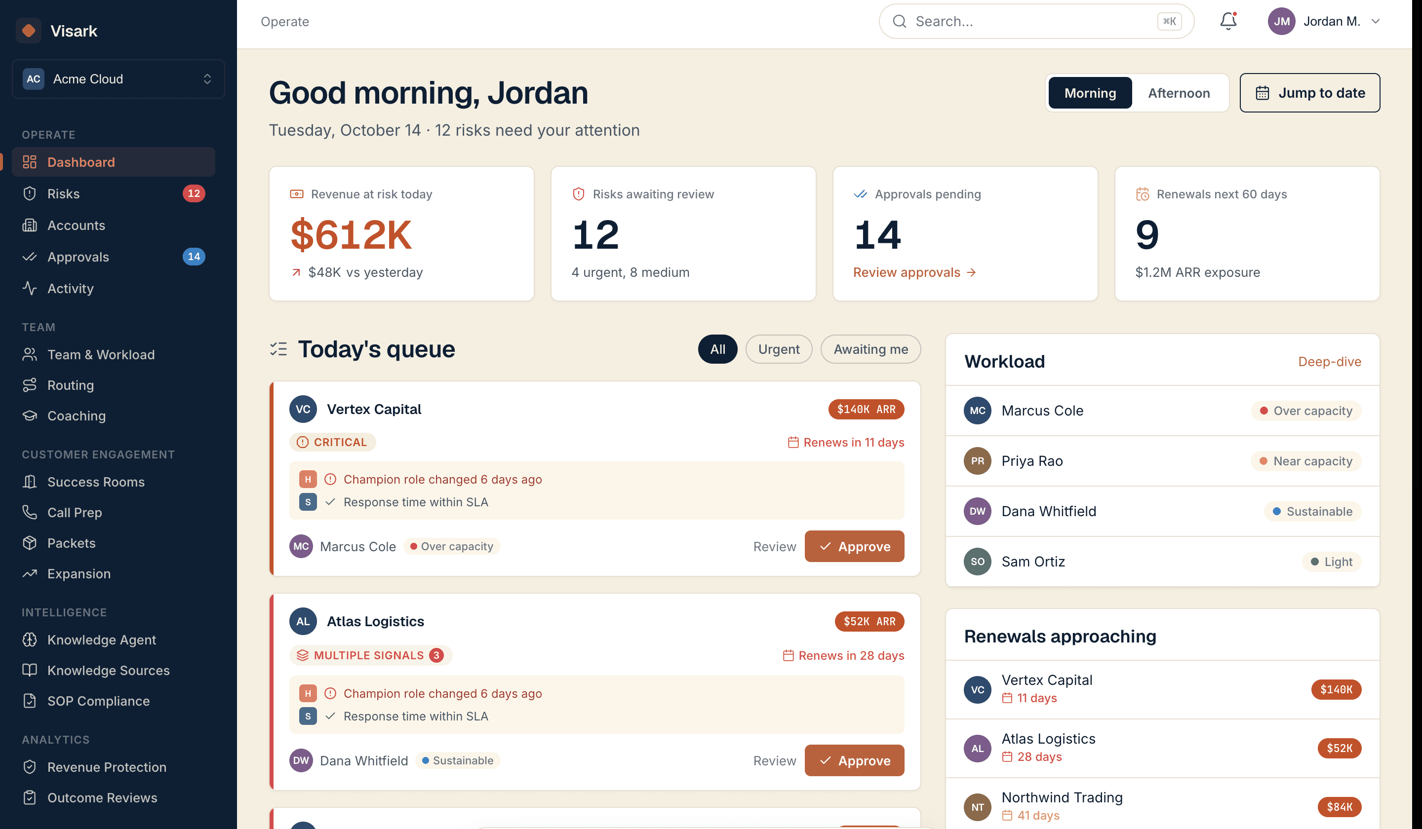 Visark Core — account risk dashboard and daily command queue